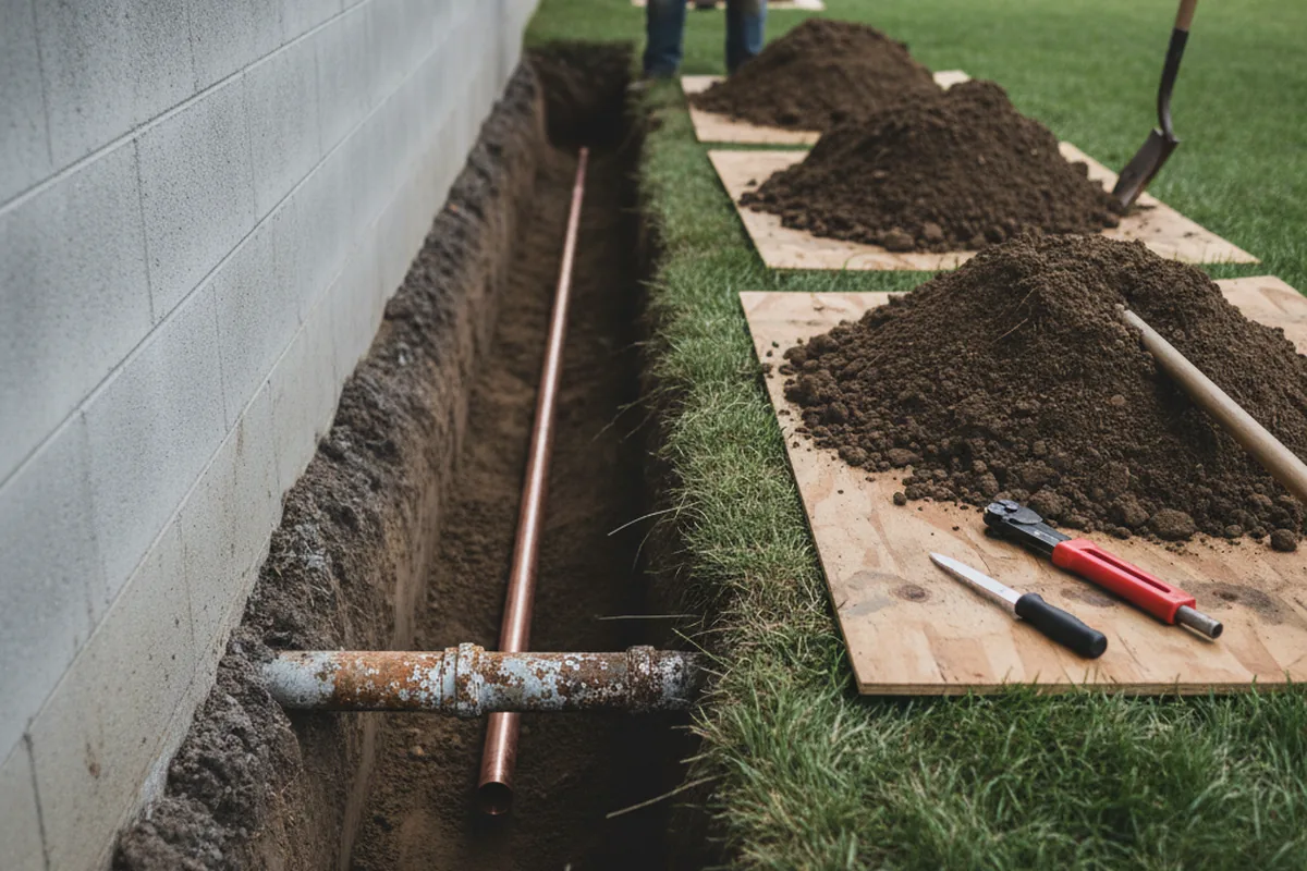 Excavated water line trench during Sewer Line Repair in Maurice